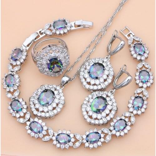 Women 925 Sterling Silver Bridal Jewelry Sets Rainbow Cubic Zirconia Luxury Earrings Ring Bracelet Necklace Set Turkish Jewelry
