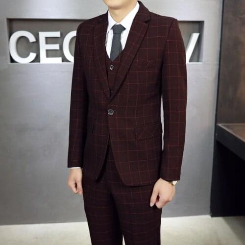 New Design One Button chequer Groom Tuxedos Notch Lapel Groomsmen Mens Wedding Prom Suits (Jacket+Pants+Vest+Tie) NO:32