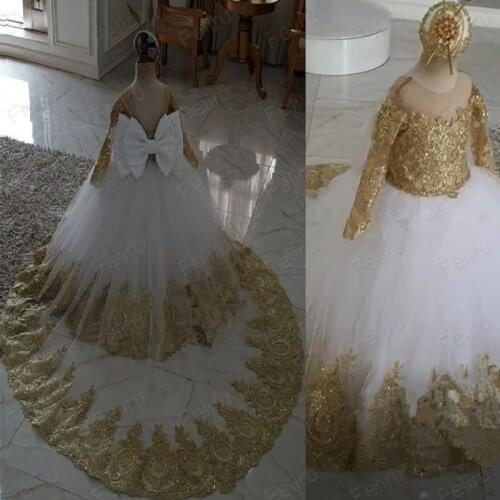 Princess Gold Lace Ball Gown Girls Pageant Dresses Long Sleeves Sequined Knot Bow Back Girls Birthday First Communion Dresses