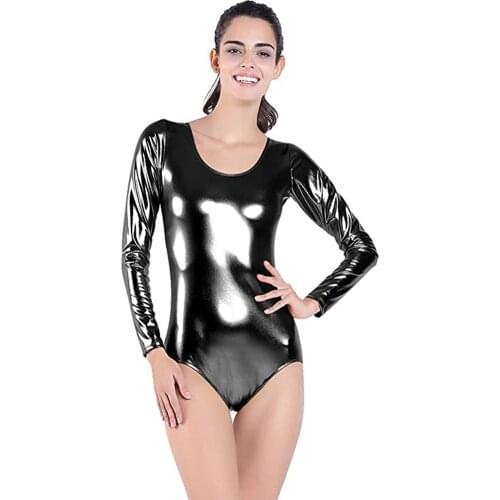 AOYLISEY Dance Shiny Metallic Leotard For Women Silver scoop Neck Gymnastics Ballet Long Sleeve Men Bodysuit Stage Costumes