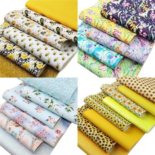 20x33cm Flower Printed Faux Leather Sheets Lychee Glitter Synthetic Leather for DIY Earrings Hair Bow Phone Case,1Yc19867