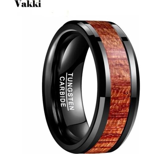 VAKKI Vintage Men Ring 10MM Wide Black Polished Inlay Koa Wood Tungsten Steel Rings for Men Birthday Gift Jewelry
