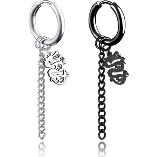 Non pierced Punk Black stainless steel drop earrings for man women long chain Dragon pendant hiphop tassel jewelry accessories