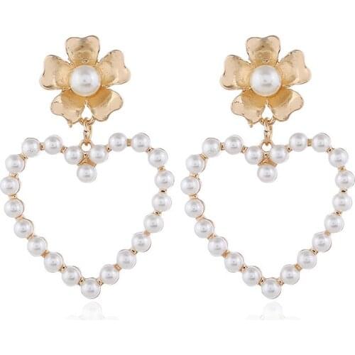 New Korean Gold Big Flower Heart Simulated Pearl Flower Earrings for Women Girl Elegant Bridal Wedding Party Jewelry Gift