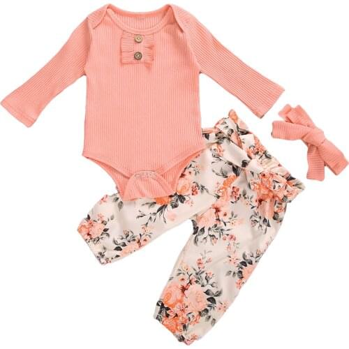 Baby’s Autumn Clothes Solid Color Long-Sleeves Rompers Top Floral Prints Tie-Waist Pants + Bowknot Headband for Toddler Girl