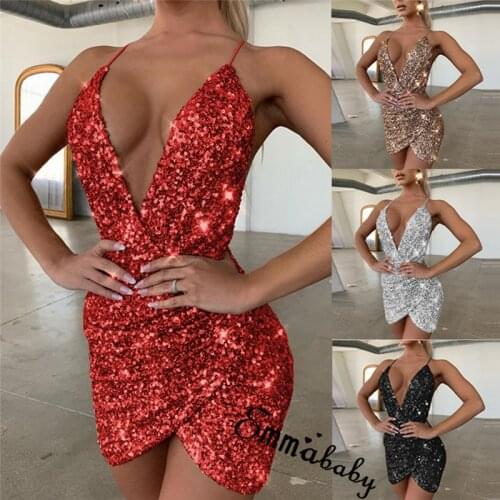 Sexy Women Sequined Glitter Dress V-neck Bodycon Short Mini Dress Clubwear Evening Party Wrap Dress Backless Dress