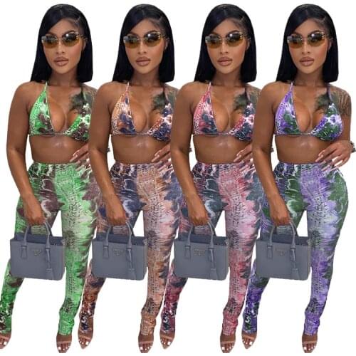 Casual Streetwear Print Two Piece Set Sleeveless Backless Crop Tops Sweatpants Suit Summer Outfit Active Tracksuit