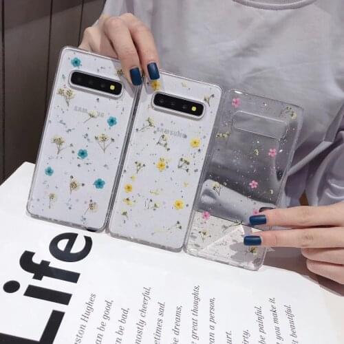 Transparent Glitter Dried Real Flower Phone Case For Samsung Galaxy S10 S9 Note 10 Plus for iPhone X Xs 11Pro Max 7 8 Plus Case