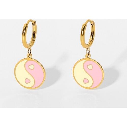 Pink Yin Yang Stainless Steel Drop Earrings Color Tai Chi Enamel Jewelry 18K Stainless Steel Huggies Earrigns