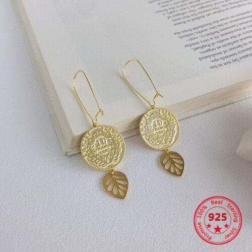 Pure 925 Silver European American New Design Creative Concise Gold Coin Leaf Dangle Earrings Fine Jewelry