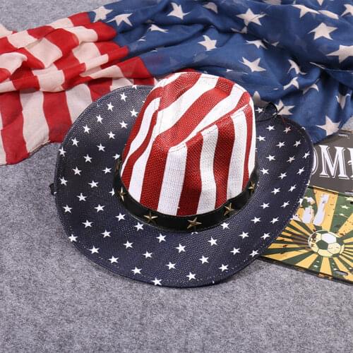Men Women Sun-Resistant Hat Independence Day Striped Star American Flag Print Cowboy Hat Adults Unisex Jazz Straw Hat Wholesale
