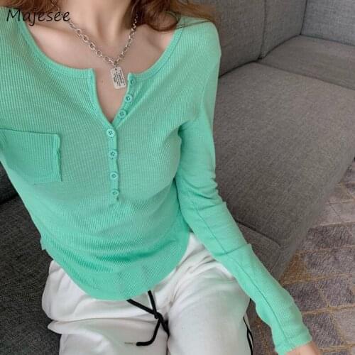 Women Long Sleeve T-shirts Skinny Sexy Breathable V-neck Design Button Korean Style Pockets Basic Tops All-match Female Chic Ins