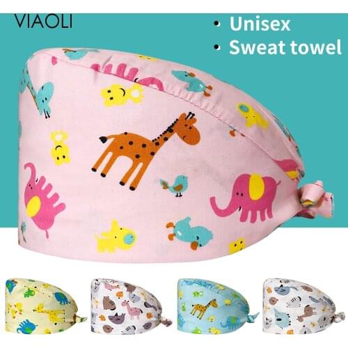 High Quality Scrubs Women Hats 100%Cotton Pet Doctor Nurse Work Hat Cartoon Print Medical Hat Nurse Accessories Clinic Scrub Cap