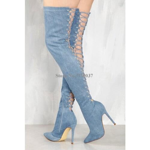 Women Newest Pointed Toe Over Knee Blue Denim Lace-up Gladiator Boots Back Cut-out Long High Heel Jean Boots Dress Shoes