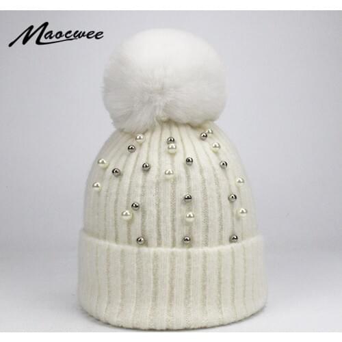 Winter Pearl Faux Fur Pom Warm Knitted Hats For Women Beanies Bones Skullies Beanie Hat Solid Color Hot Sale Knitted Winter Caps
