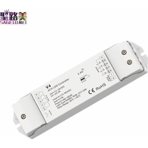 V4 12-36VDC 24V RGBW/RGB/CCT/Dimming 4 Channel LED RF Controller Receiver 4CH 5A/CH Push Dim /Multiple protection CV