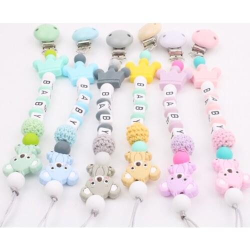 6Pcs/Lot Baby Silicone Pacifier Chain Clips Holder Crown Animal Heart Crochet Beads Newborn Boy Girls Teether Dummy Clips Toys