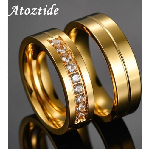 Atoztide Romantic Gold Titanium Steel Couple Ring Polished 6MM Cubic Zircon Engagement Wedding Finger Ring For Lovers