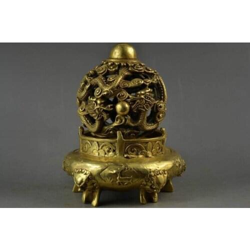 Free shipping Collectable Old BRASS Carving Double Dragon & 5 Lion Head Rare Big Religion Incense Burner