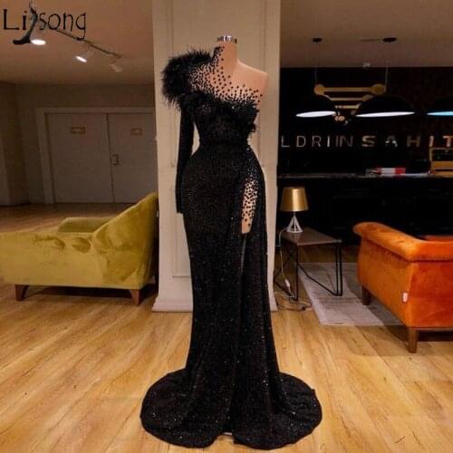 Sparkly Sequins One Shoulder Mermaid Evening Dress Long Sleeves Beading Sexy High Split Formal Prom Dresses Women Party Gowns
