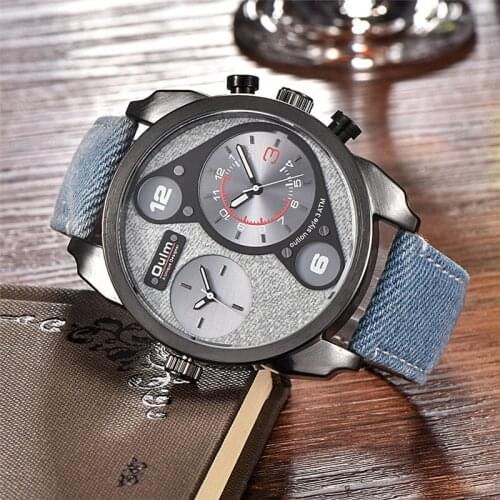 Oulm New Canvas Watches Men Sport Casual Quartz Watch Male Two Time Zone Big Size Luxury Mens Wristwatches