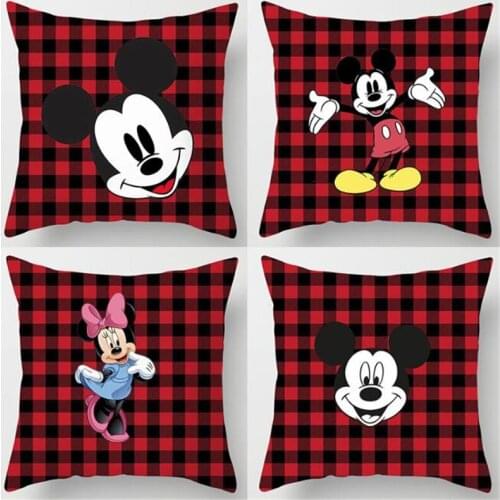 Mickey Minnie Mouse Red Plaid Cushion Cover Disney Cartoon Throw Pillowcase Sofa Decoration Home Textile Christmas Pillow Case