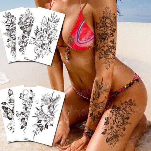 Sketch flower temporary tattoo women girls body art sexy on arm sleeve thigh tatoo fake black rose peony flowers tattoo sticker