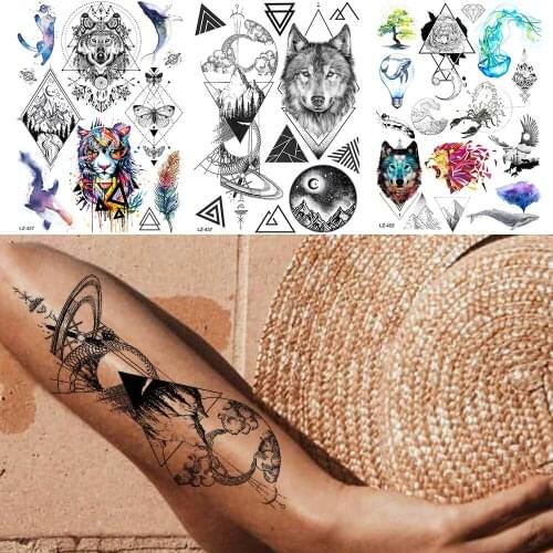 GoldOcean Waterproof Black Large Temporary Tattoos For Men Women Adult Geometric Wolf Fake Tattoos Body Arm Tattoo Stickers