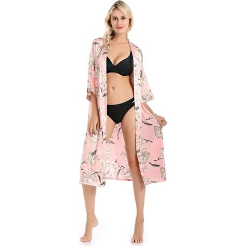 Summer Ladies Imitation Silk Printed Bathrobe Women Robe Pajamas Female Kimono Short Sleeved Sleepwear Dress Pijama Home Clothes