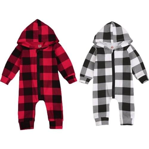 0-24M Newborn Baby Boy Girl Long Sleeve Zipper Hooded Plaid Romper Jumpsuit Autumn Clothes