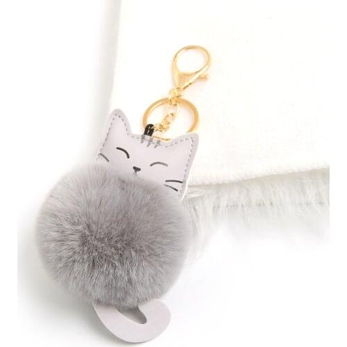 Cute Fur Ball Keychain Cat Soft Pompom Animal Tail Hair Ball Car Keychain Ladies Car Bag Accessories Key Ring Mom Gift