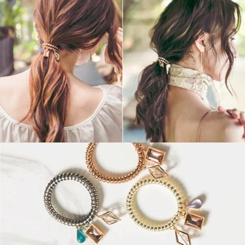 New Arrived 1pc Telephone Wire Coil Hair Band with Crystal Diamond Charm Jewelry Bracelet Wristband Hair Tie Ponytail Holder