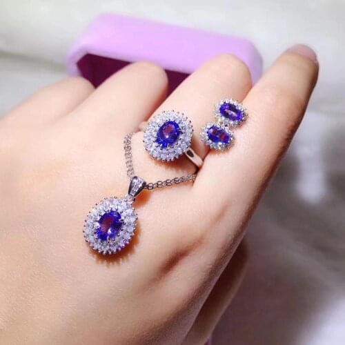 New Fashion Tanzanite Set 925 sterling silver 1pc Tanzanite Ring,2pcs Tanzanite Earring,1pc Tanzanite Pendant