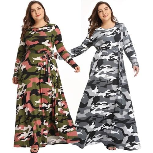 New Popular Autumn Womens Fat Mm Camouflage Long Dress Plus Size Female Full Sleeves Printed Summer Loose Maxi Wear with Belt