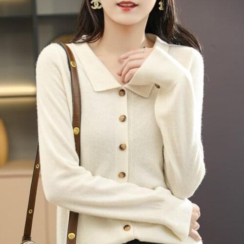 21 autumn/winter new style knitted woolen sweater women coat POLO collar shirt pure color cardigan sweater pure wool bottoming s