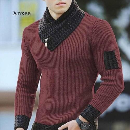 Fall/winter Mens Casual Slim Knitted Sweater Pullover Harajuku Sweater Long Sleeve Scarf Collar Color Block
