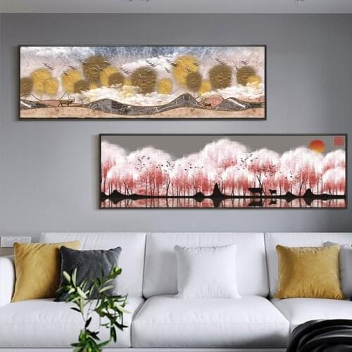 Abstract Golden Pink Tree Flowing Coins Long Banner Canvas Paintings Posters And Print For Living Room Wall Art Mural Home Décor
