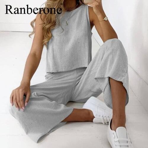 Ranberone Two Piece Casual Tracksuit Womens Sets Vest Top + Solid Sport Pants Lady Set Summer Fitness Outfit Tracksuits 2021