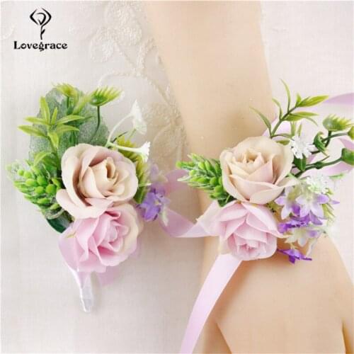 Purple Silk Flores Men Boutonniere Wrist Corsage Bracelet for Bridesmaids Artificial Rose Flowers Wedding Party Dress Decoration