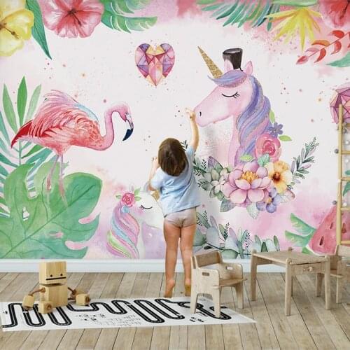 Custom Hand Painted Cartoon Pink Flamingo Unicorn Photo Mural Wallpaper For Kids Children Room Bedroom Decoration Wall Painting