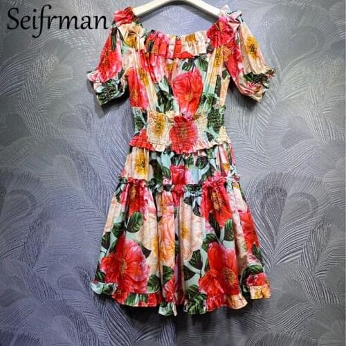 Seifrmann New 2021 Summer Women Fashion Runway Cotton Dress Sexy Spaghetti Strap Ruffles Floral Printed Ladies A-Line Dress