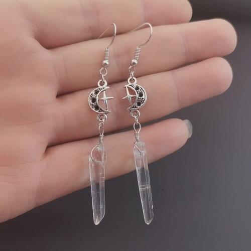 Clear Quartz Moon Earrings-Boho, Witchy, Natural Stones, Esoteric, Celestial, Alternative, Nugoth, Gothic, Romantic.star Gift