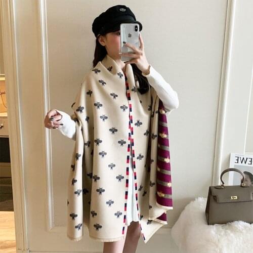 Ladies Girls Cute Bee Printed Cashmere Wraps Scarf Shawls Poncho Kerchief Hijab Two Side Female Pashmina Winter Warm Scarf Gift