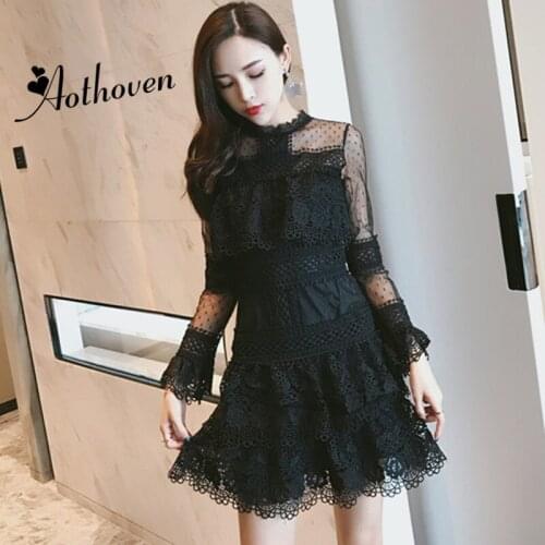 Spring Dress Black O-Neck Long Sleeves Lace Women Dress Office Lady Sexy Party Vintage Bandage Bodycon Cascading Ruffle Dress