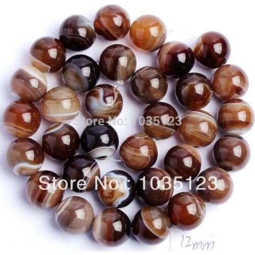 High Quality 12mm Natural Coffee Color Banded Agates Round Shape Loose Beads Strand 15" Jewelry Making w36