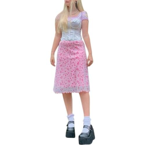 Women High Waist Layered Mesh Midi Long Skirt Gothic Harajuku Pink Floral Print A-Line Calf Length Kawaii Streetwear