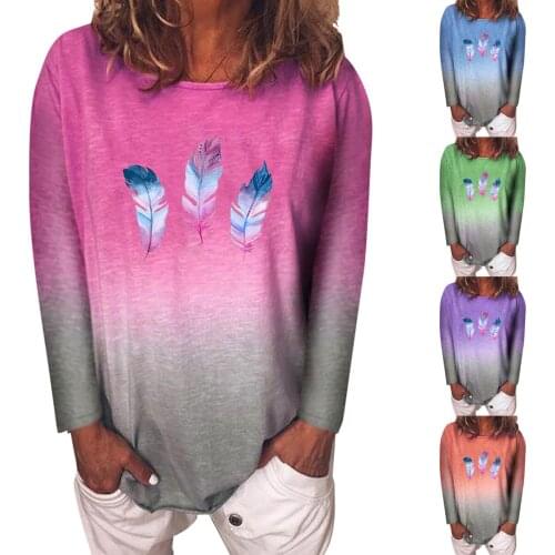 Women Fashion Casual Round Neck Long Sleeve T-Shirt Blouse Color-gradient Feathers Lovely Girls Daily Shirt