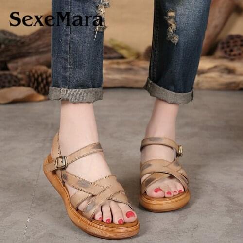 SexeMara high quality genuine leather sandals women shoes mixed colors flats heel sandals ladies beach shoes size 35-40
