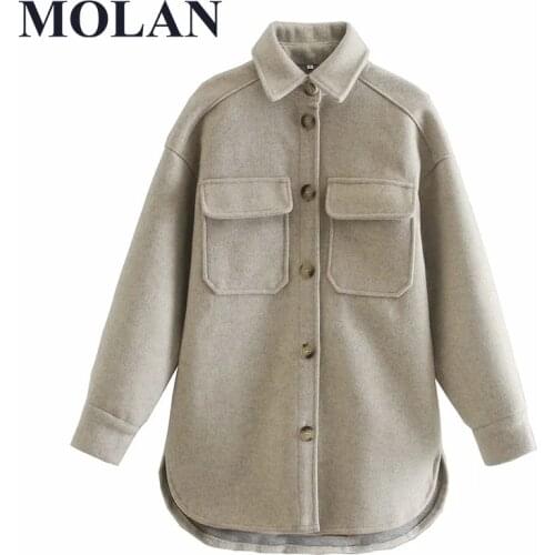 MOLAN Winter Woman Overcoat Long Sleeve Big Pockets Turn Down Collar Singal Breasted Warm Jacket Female Chic Streetwear Coat Top