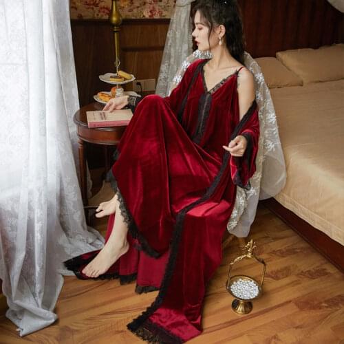 2Pcs/Set Long Sleeve Plus Size Velvet Gown Dress Robe Women Winter Sexy Nightdress Palace Homewear Lace Sexy Pajamas Sleepwear